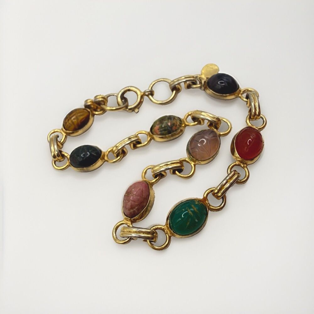 Vintage 12k GF Gold Fill Multicolor Gemstone Scarab Bracelet Egyptian Revival 7"